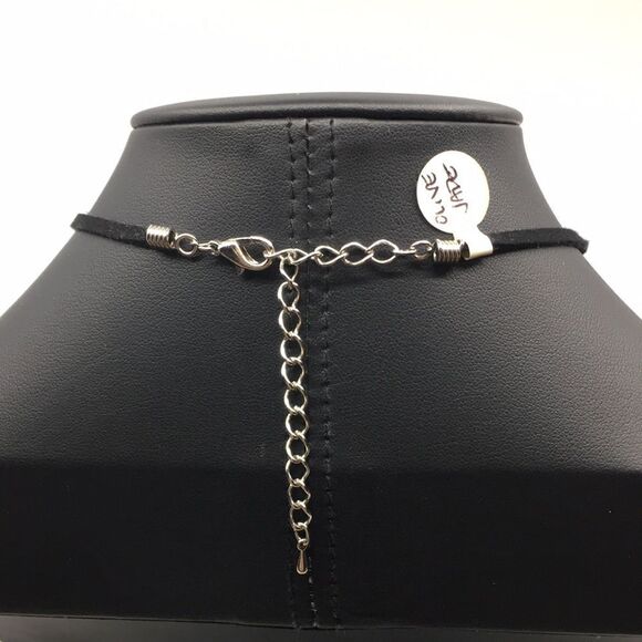 Olive Jade Disc Necklace on Black Suede Cord with silver tone hardware - Picture 3 of 16